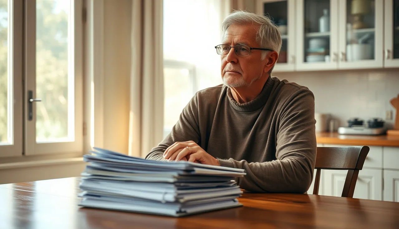 Person organizing medical folders at kitchen table while preparing disability claim