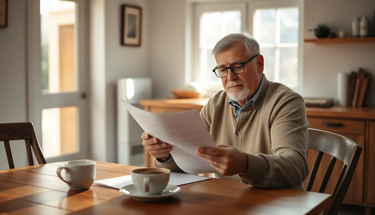 Man reviewing SSDI disability qualification paperwork at kitchen table in morning light