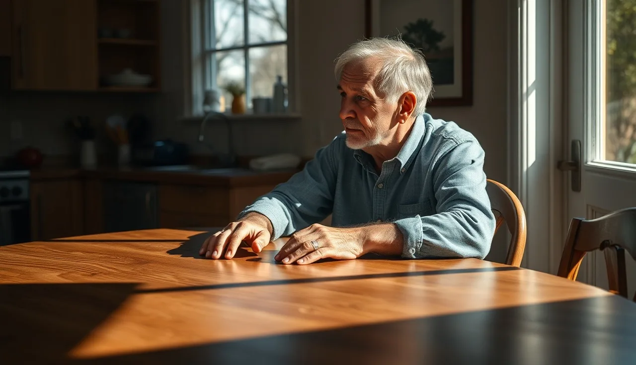 Man sitting at kitchen table in afternoon light, disability paperwork process