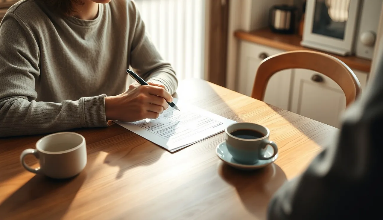Person filling out disability forms at a kitchen table in morning light