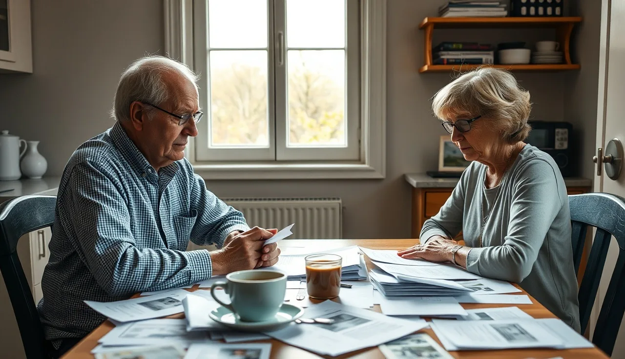 Two people reviewing disability paperwork at a kitchen table in morning light