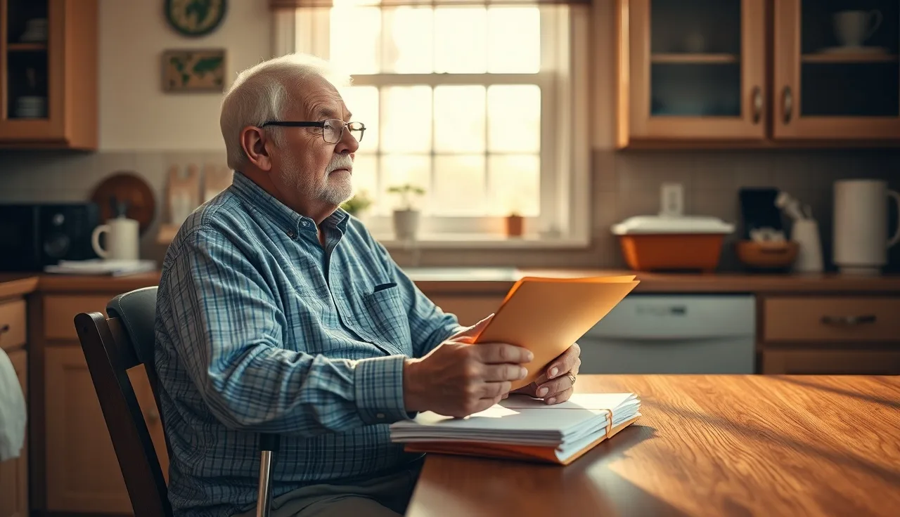 Older man with cane at kitchen table reviewing disability claim papers in morning light