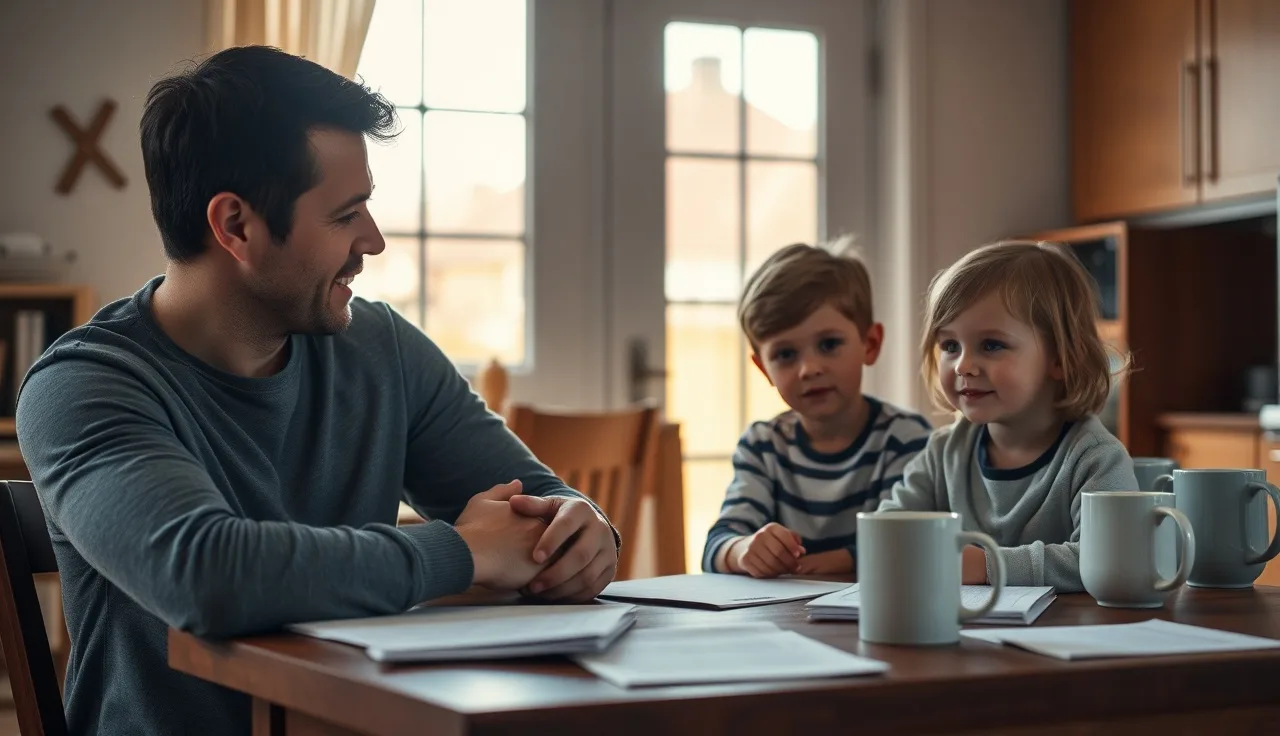 Parent and two children at kitchen table reviewing documents for disability benefits