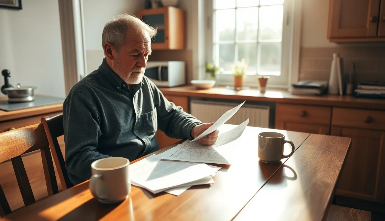 Older man with cane reviewing disability paperwork at a kitchen table