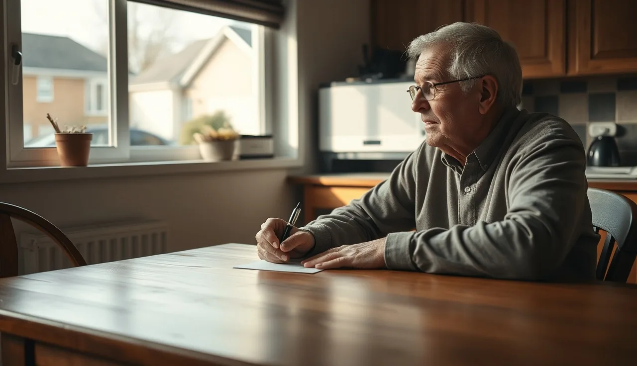 Man sitting at kitchen table looking out window while filling out disability paperwork