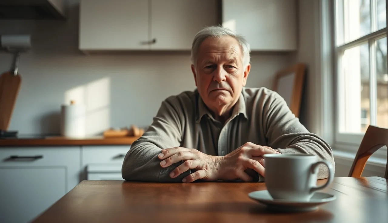 Older man sitting quietly at a kitchen table in morning light, representing disability benefits security