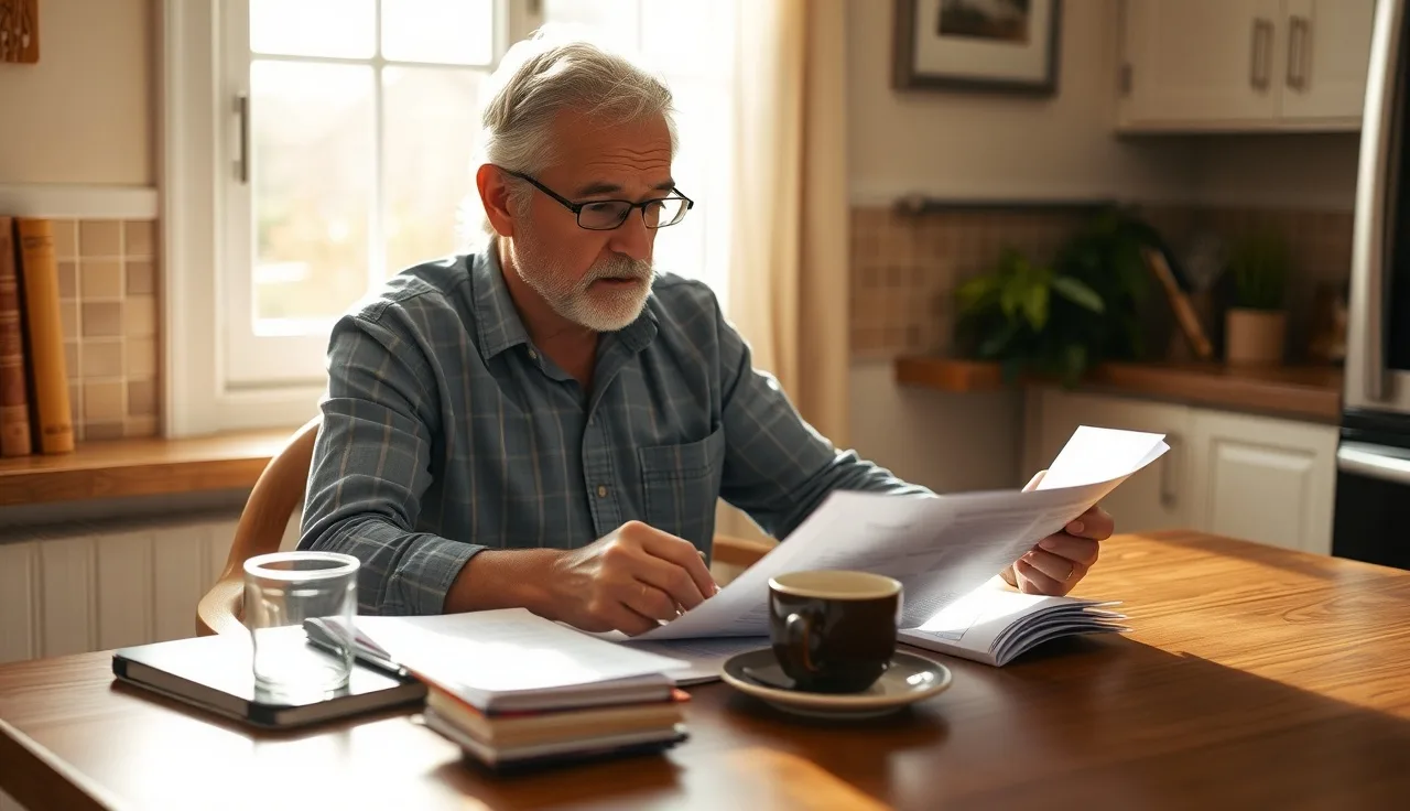 Man reviewing social security disability paperwork at kitchen table in morning light