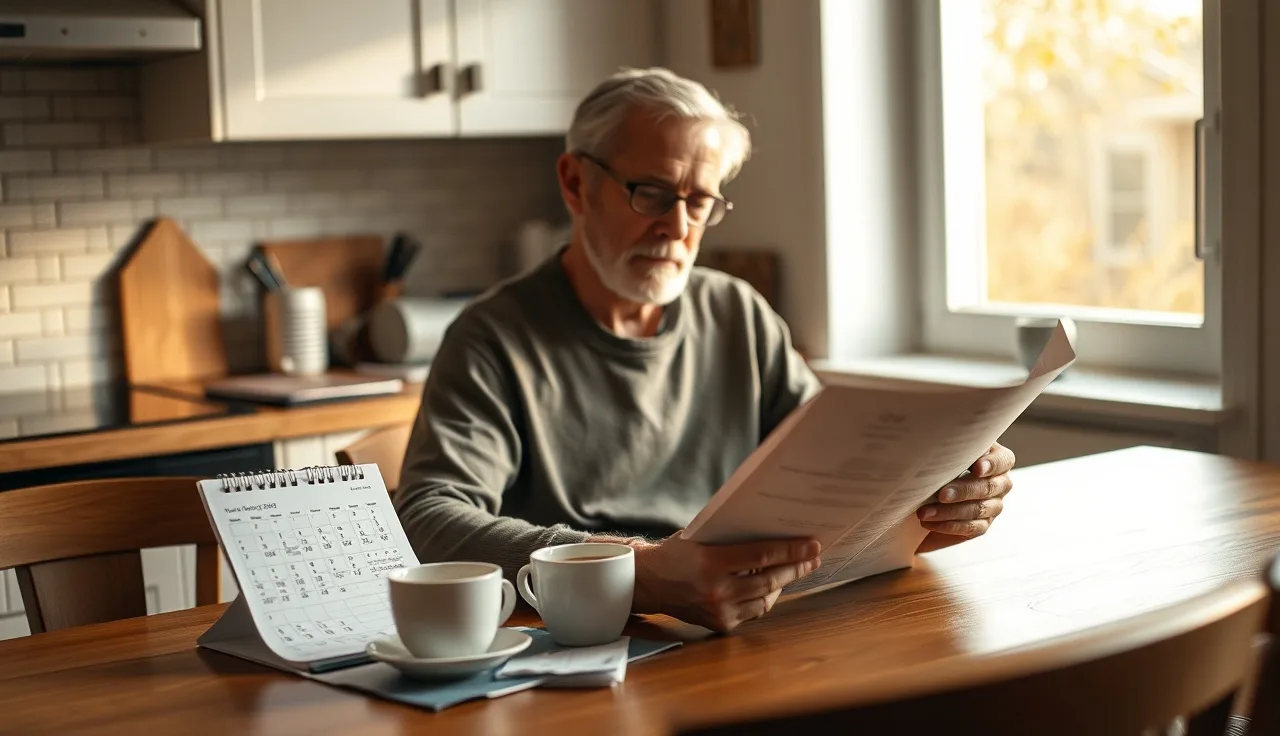 Person reviewing disability payment calendar and bank statement at kitchen table
