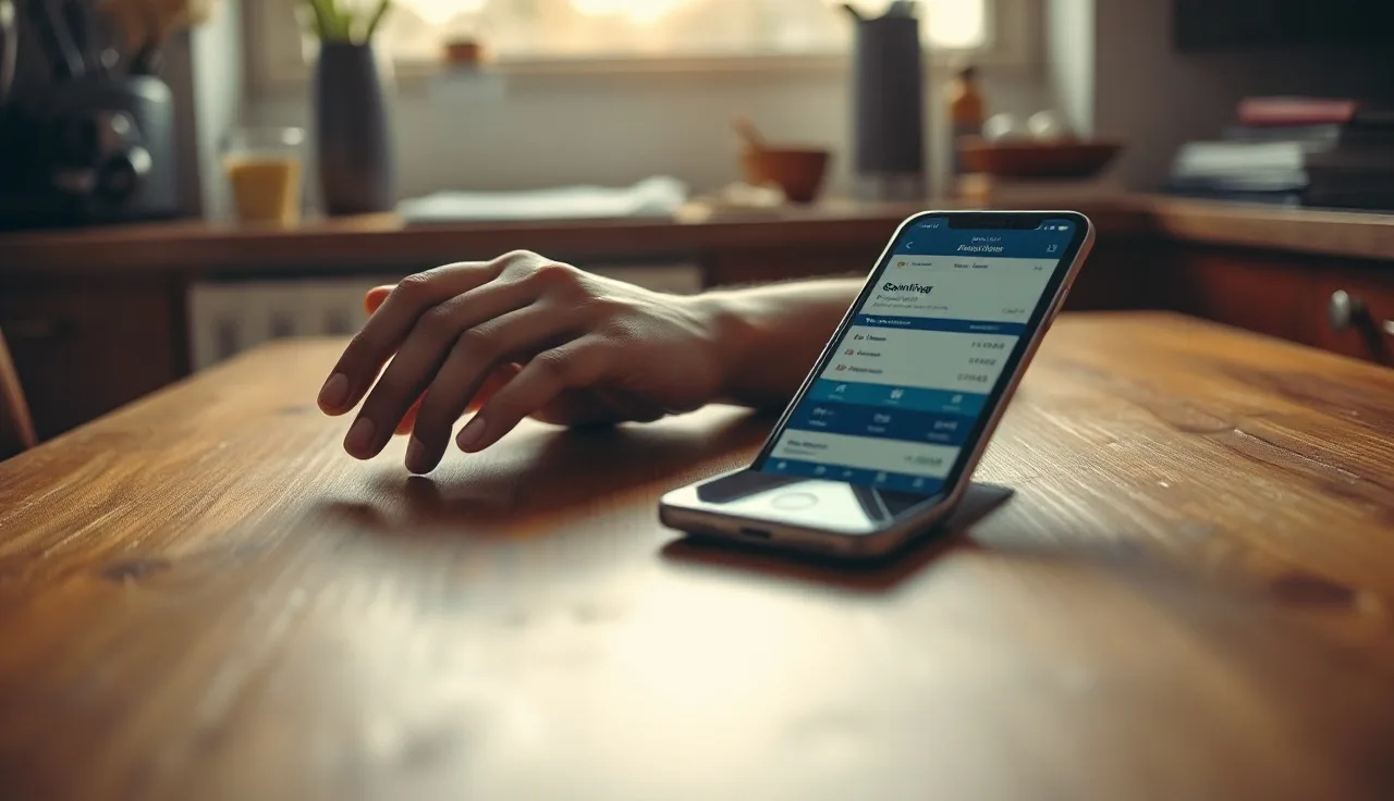 Hands near a smartphone with a bank deposit notification on a wooden table