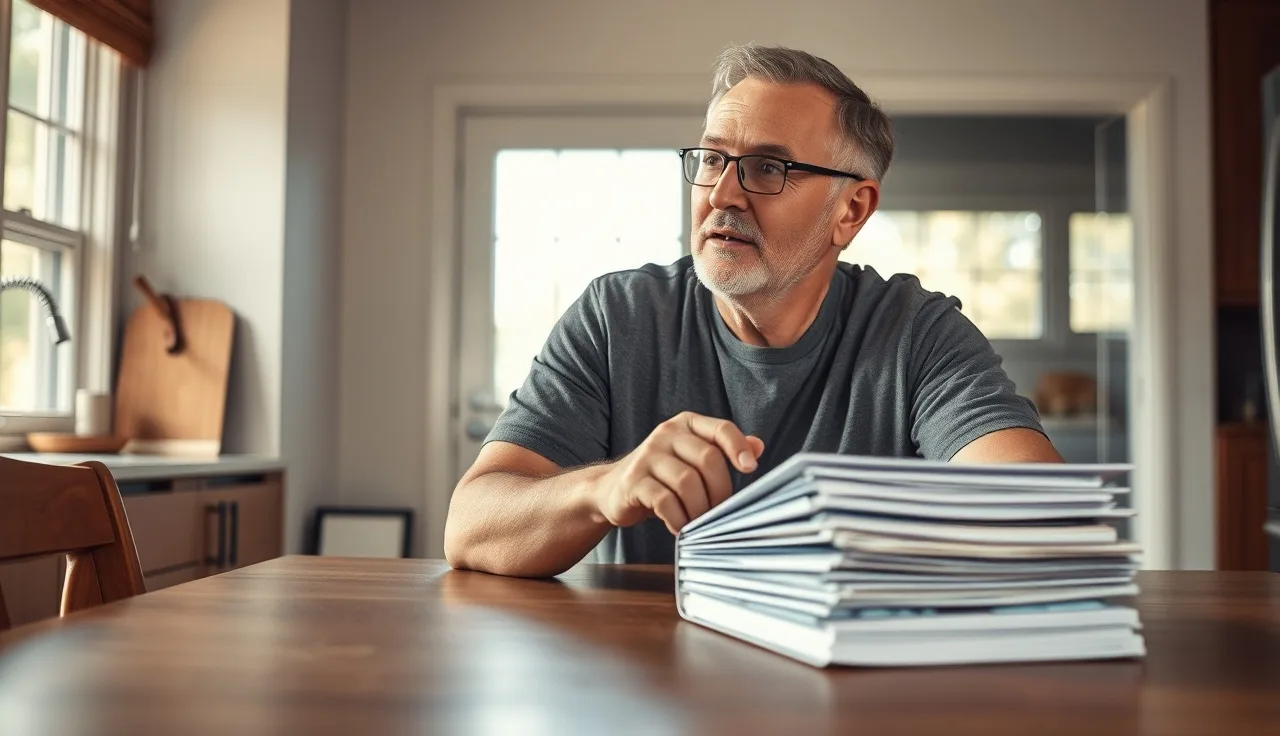 Man at kitchen table with medical folders reviewing disability paperwork