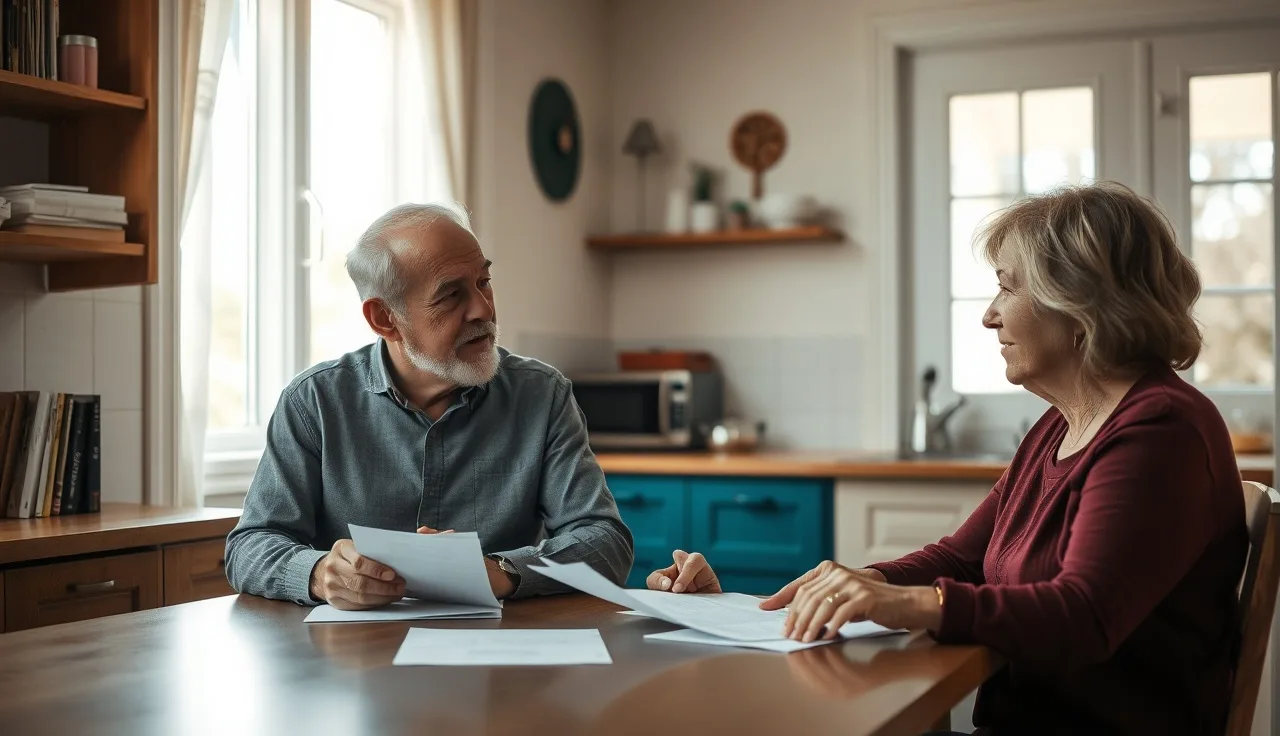 Two adults reviewing disability benefit paperwork together at a kitchen table