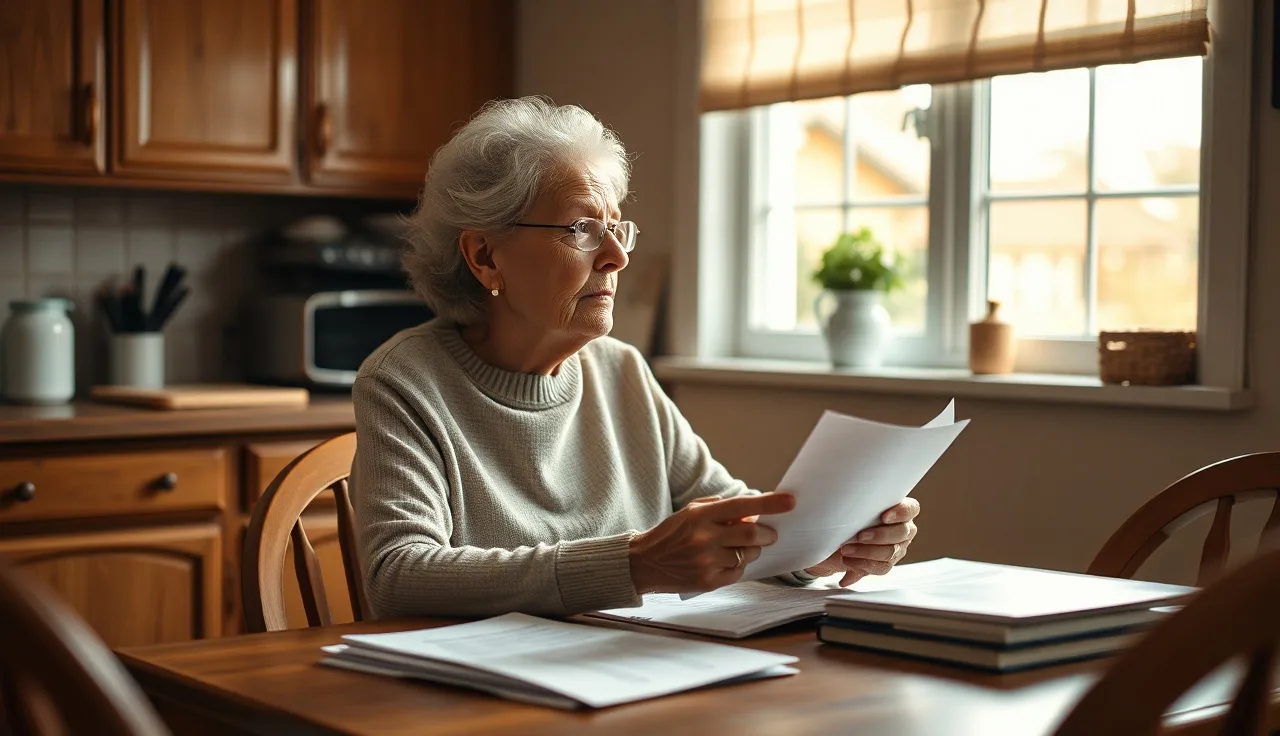 Older woman at kitchen table reviewing disability insurance paperwork in morning light