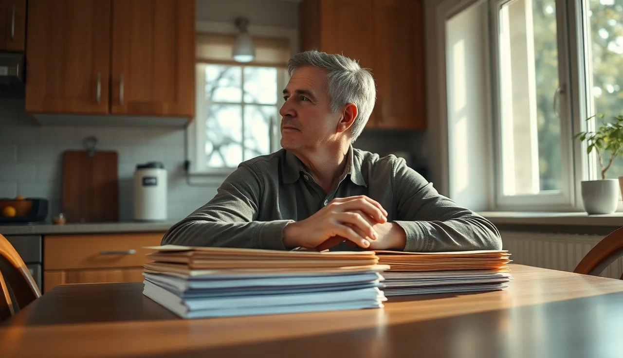 Man at kitchen table reviewing disability paperwork in morning light