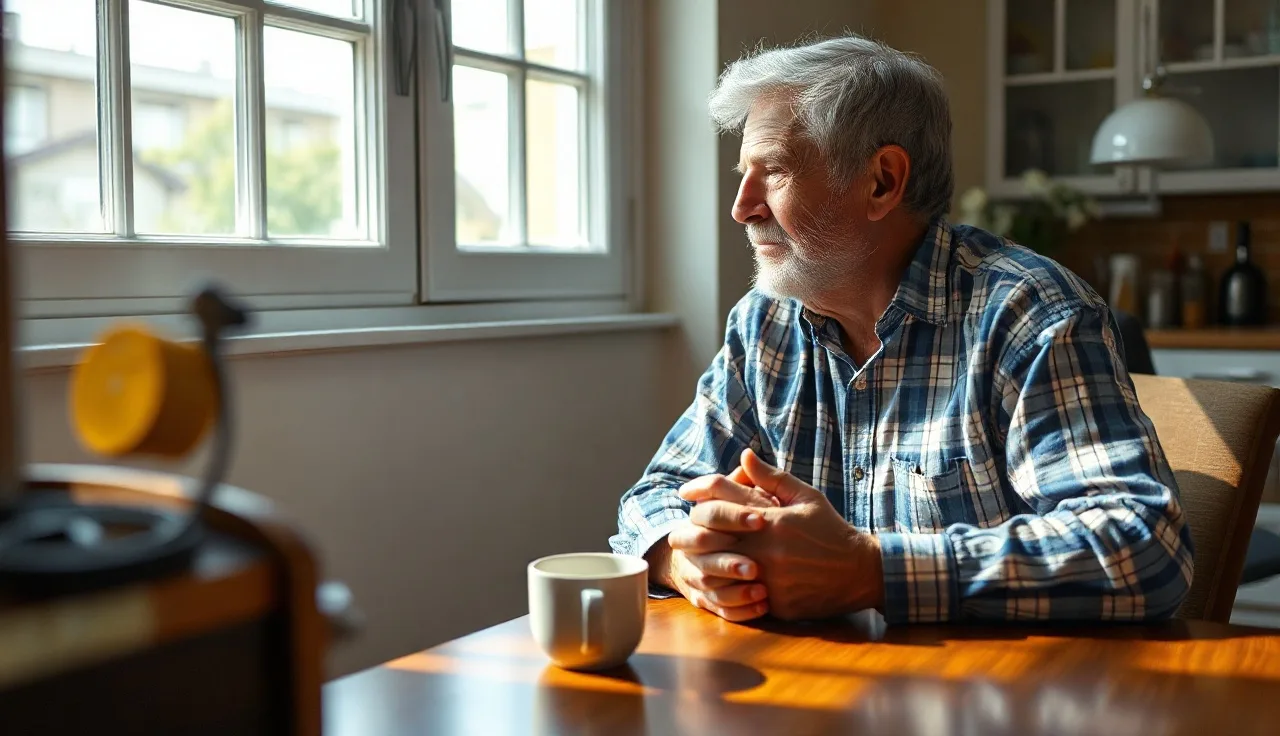 Older man sitting quietly at kitchen table in morning light, thinking about disability benefits