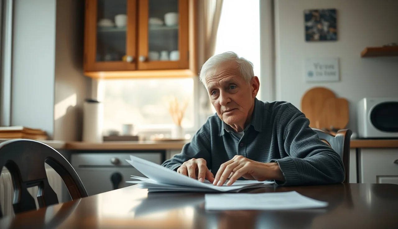 Person with disability sitting at kitchen table with documents in morning light