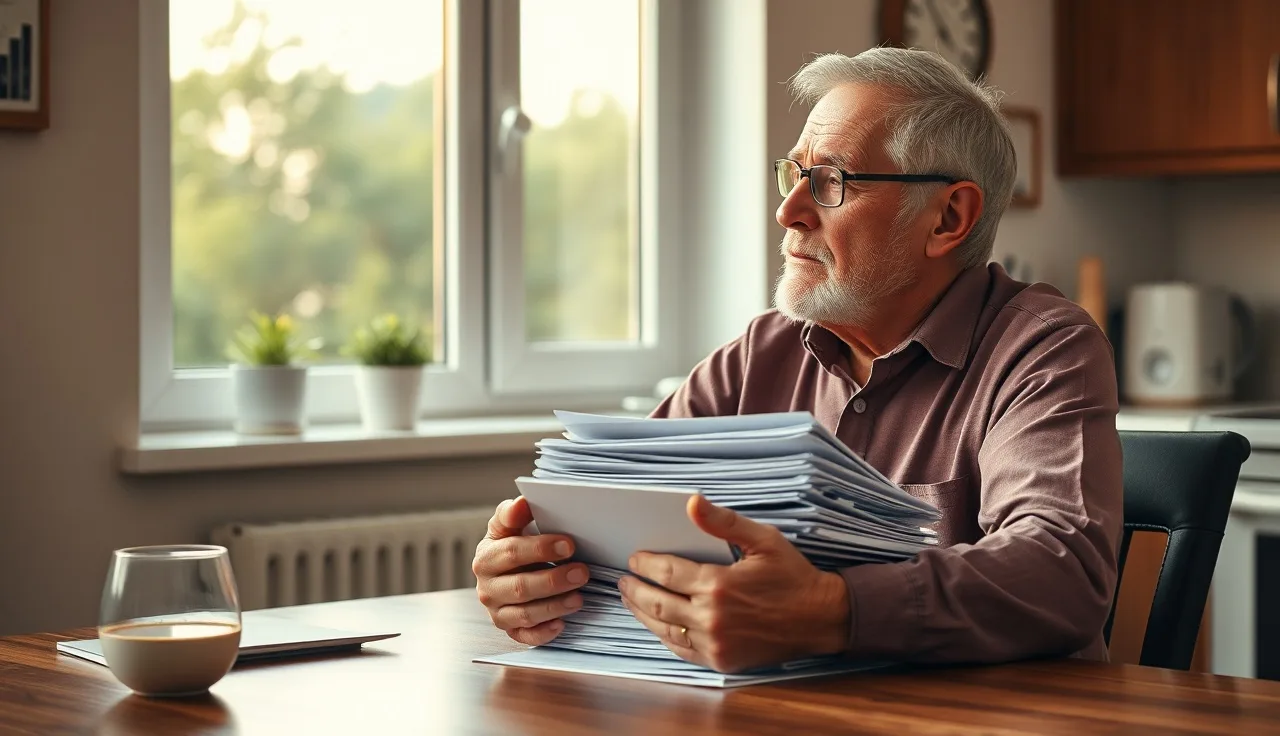 Older man at kitchen table with medical folders, morning light, disability claim