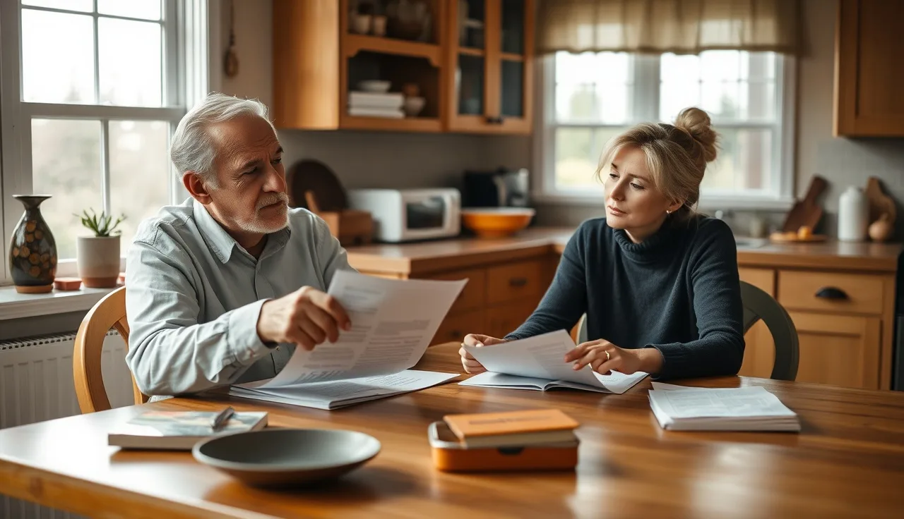 Two people reviewing Social Security disability paperwork at a kitchen table