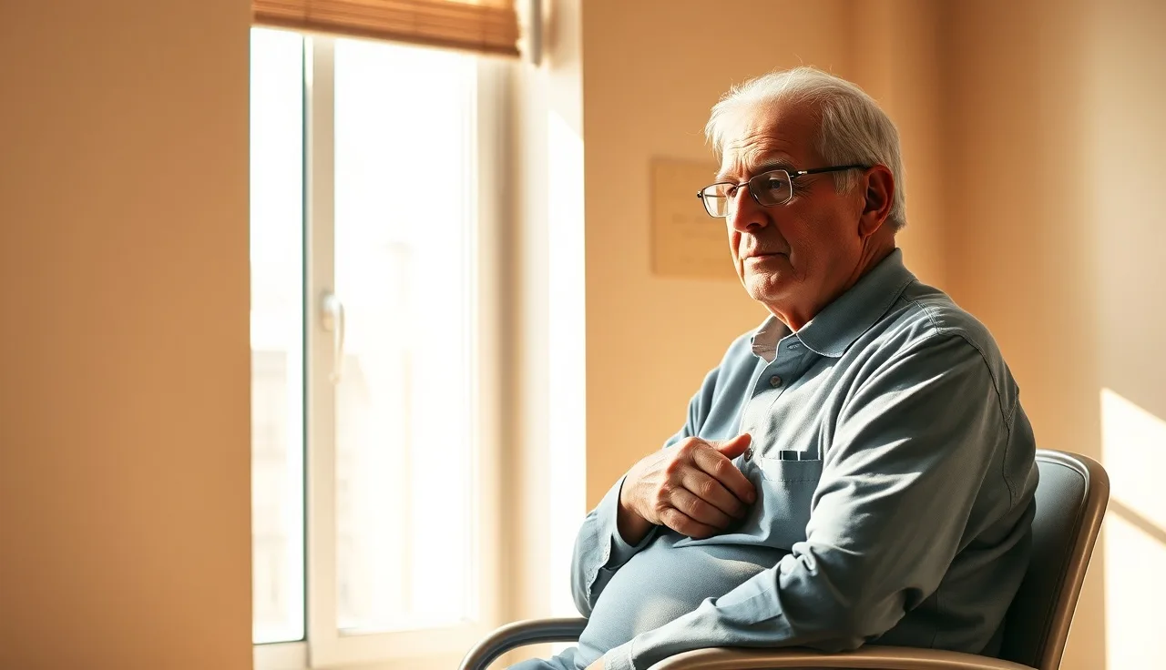 Elderly man and caregiver in sunlit hospital room, afternoon light
