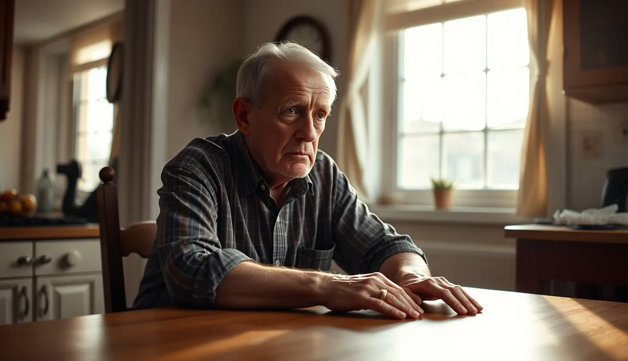 Older man sitting at kitchen table looking thoughtful, SSA disability application context