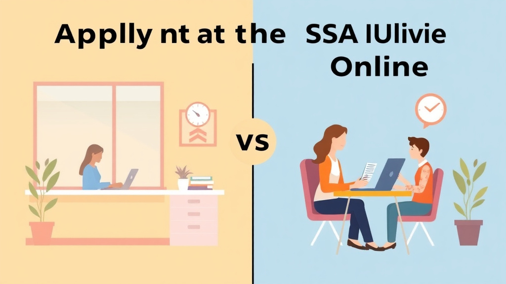 Visual overview of applying at the SSA Field Office vs Online: Pros and Cons with key concepts highlighted