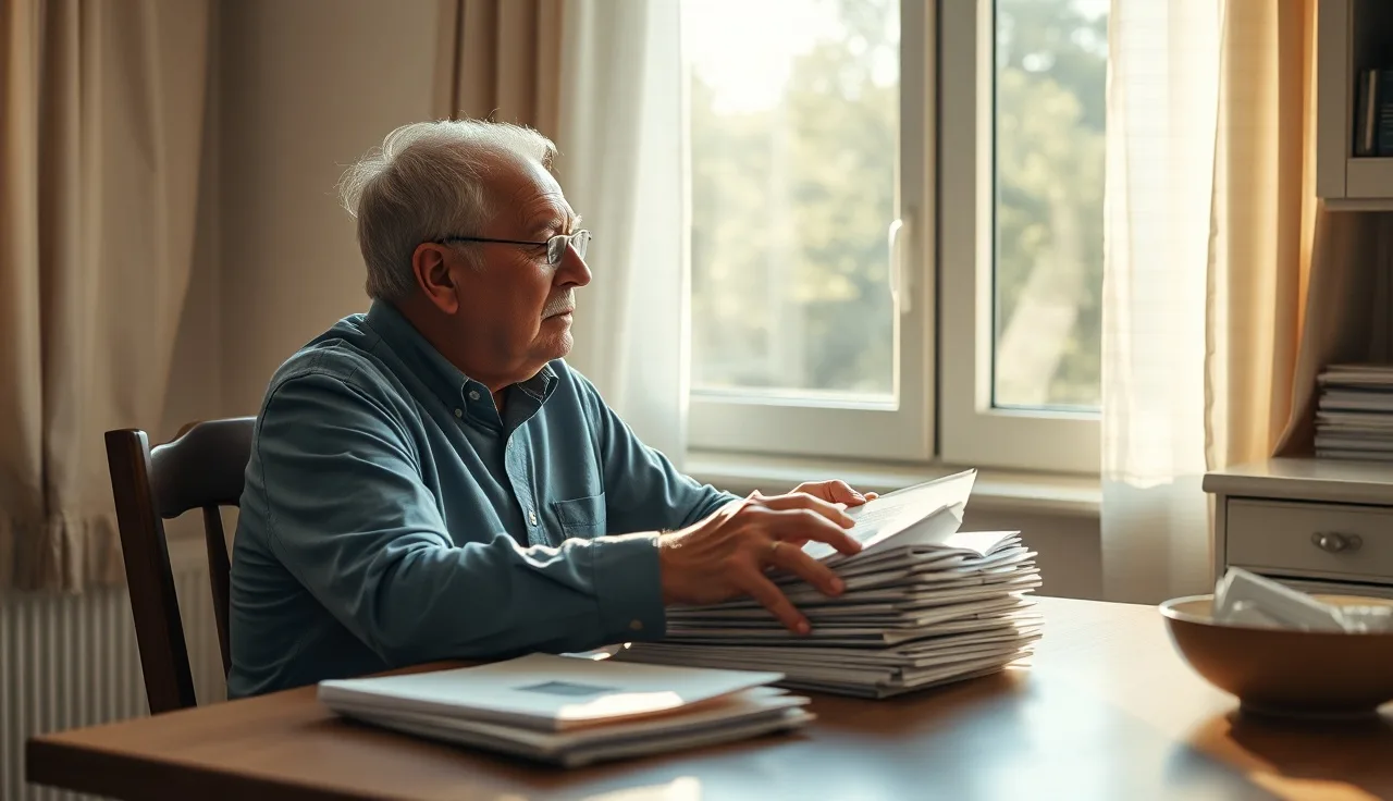 Older man at kitchen table with papers, contemplating disability benefits decision