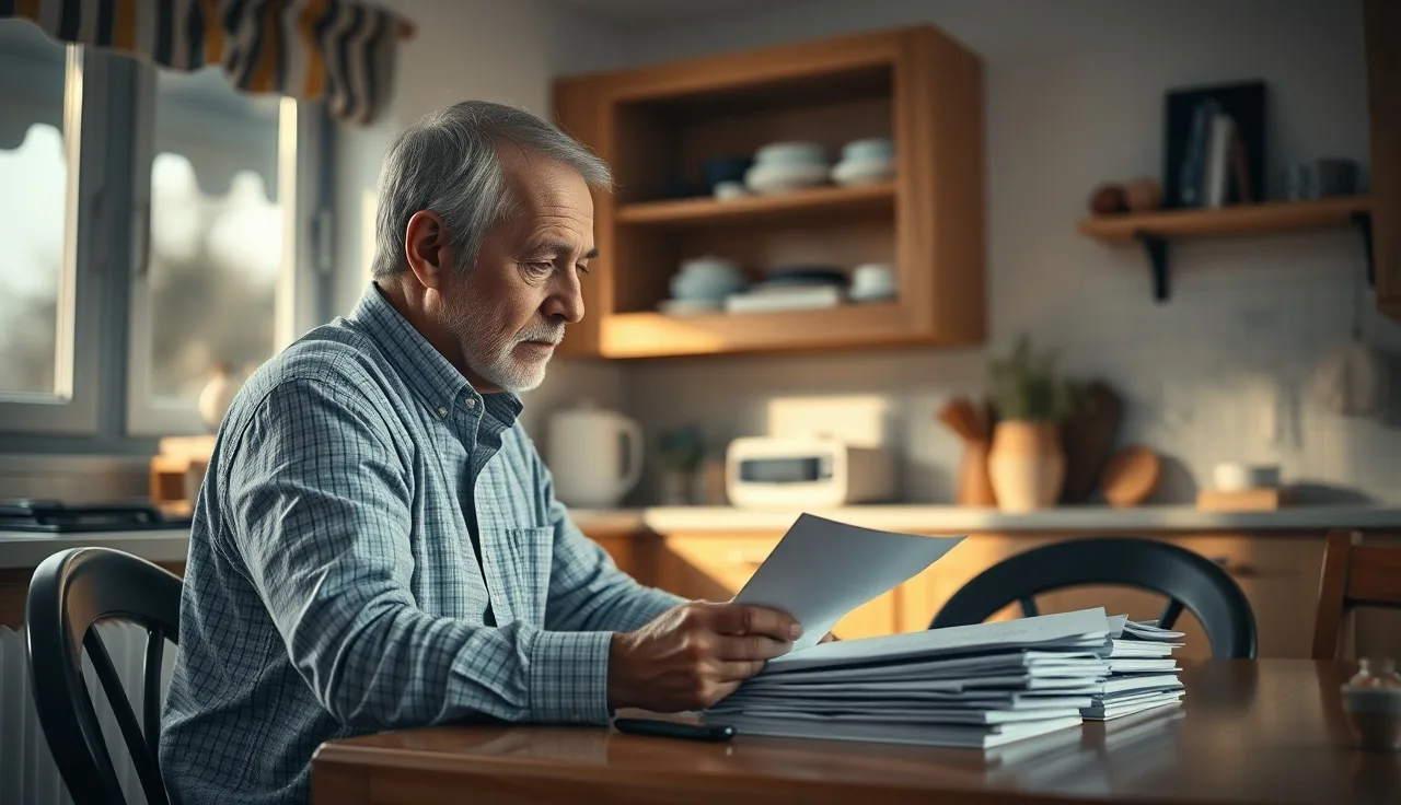 Person reviewing SSDI paperwork at kitchen table, waiting period documents visible