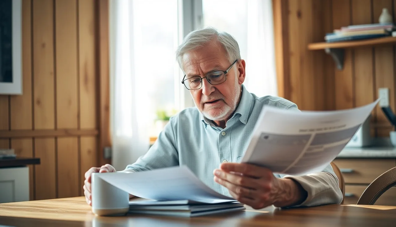 Older man reviewing disability paperwork at a kitchen table in morning light