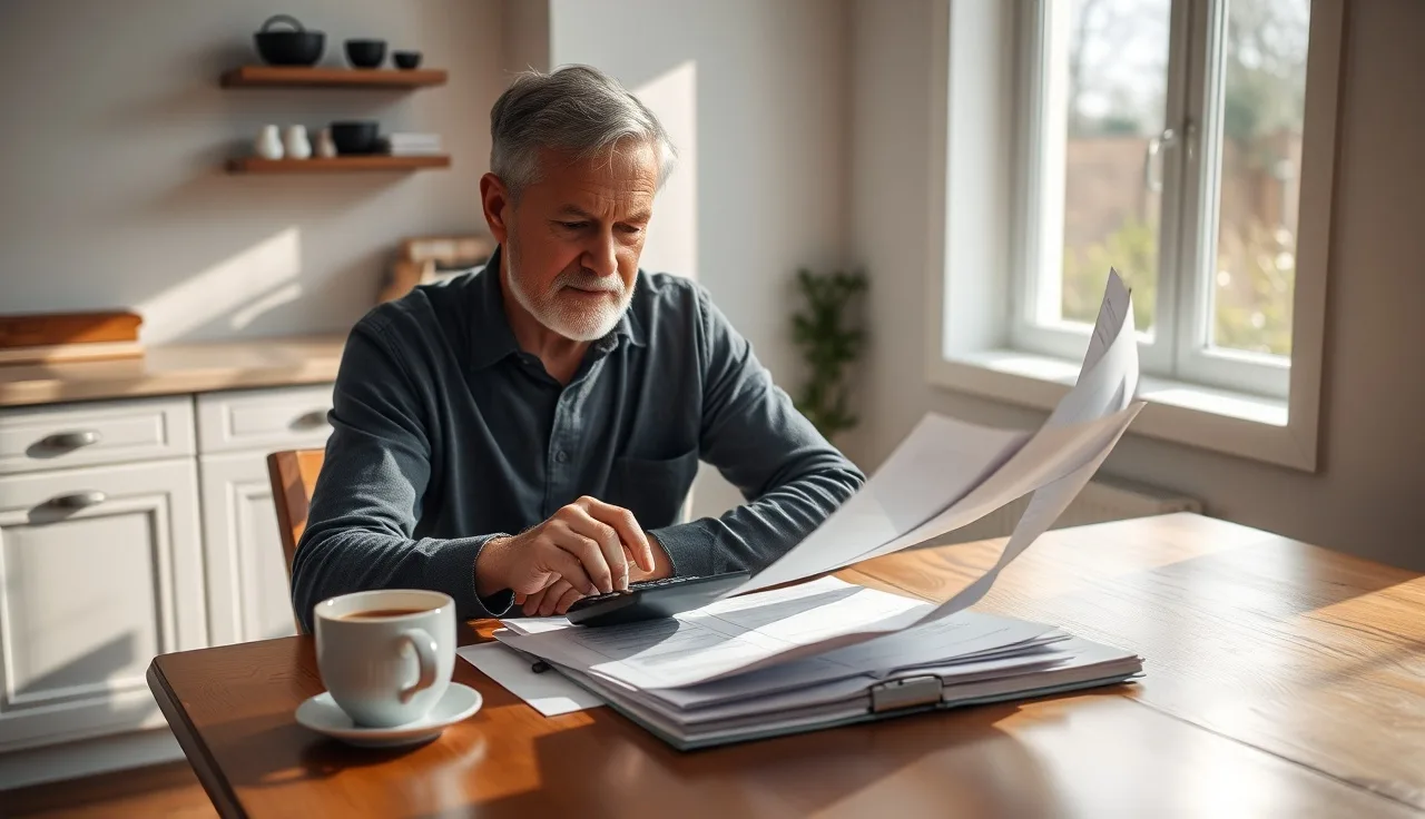 Person reviewing disability benefit documents at a kitchen table with a calculator
