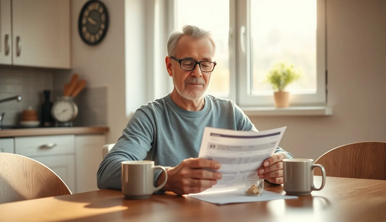 Person reviewing SSDI back pay bank statement at kitchen table in morning light