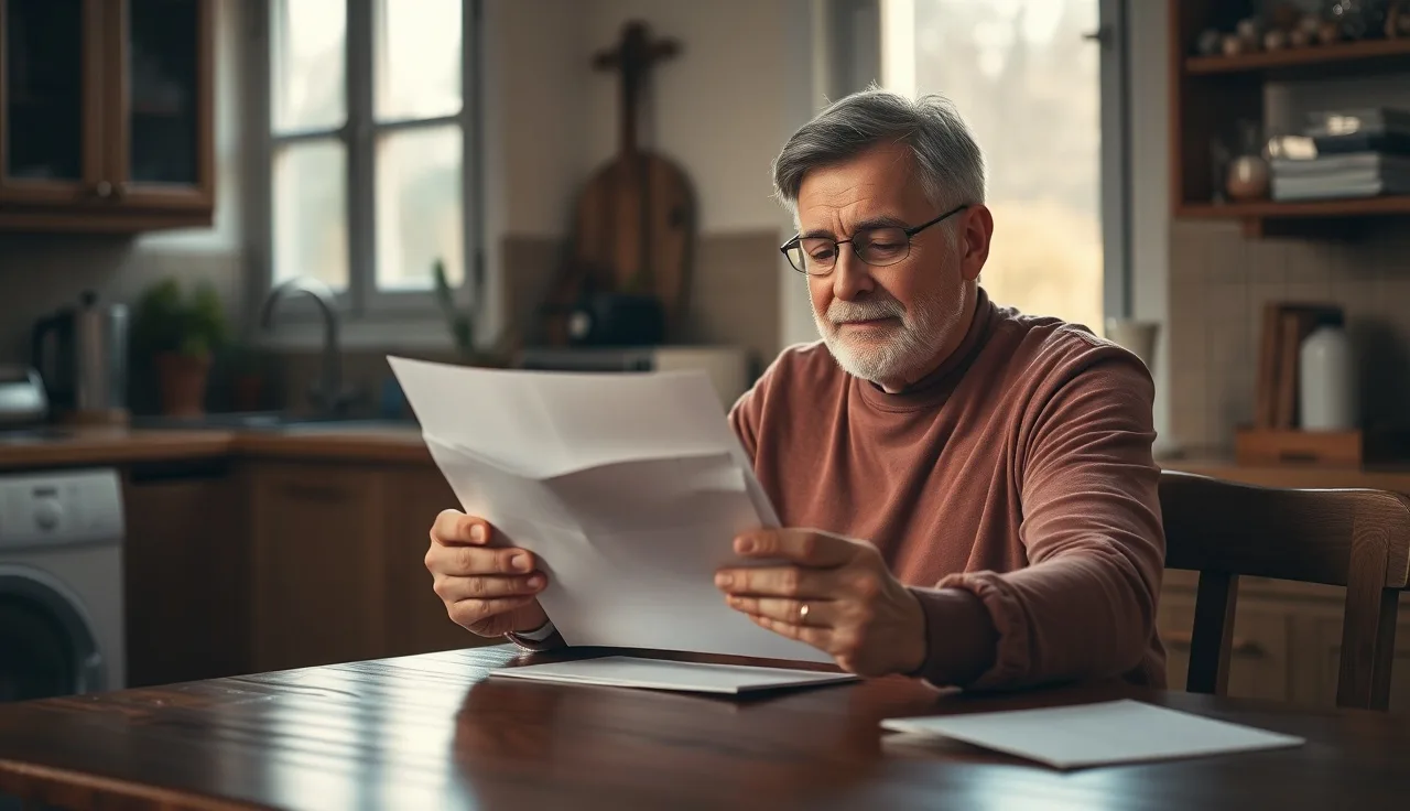 Person reading important mail at a kitchen table, soft afternoon light