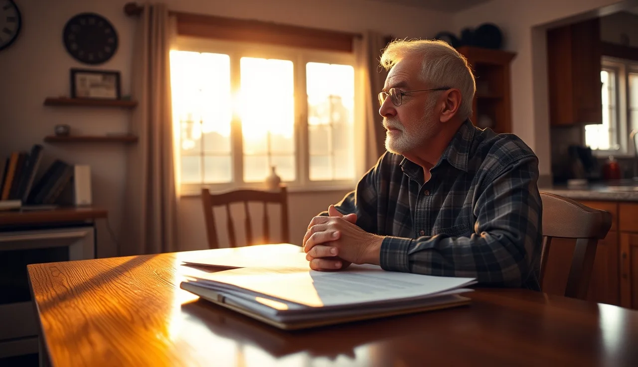 Man at kitchen table reviewing disability documents in afternoon light