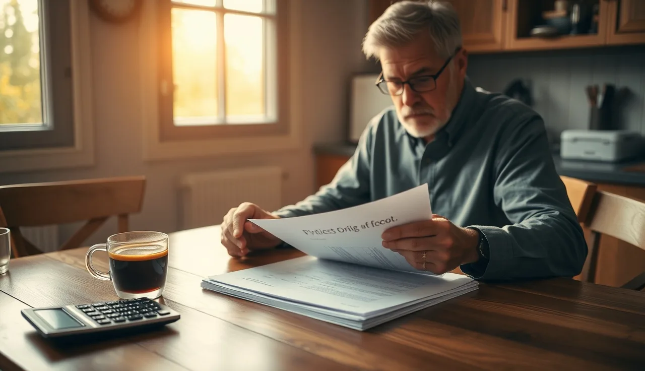 Person reviewing SSDI back pay documents and calculator at kitchen table