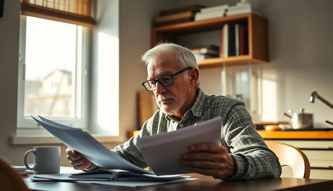 Older man reviewing disability benefit paperwork at a sunlit kitchen table