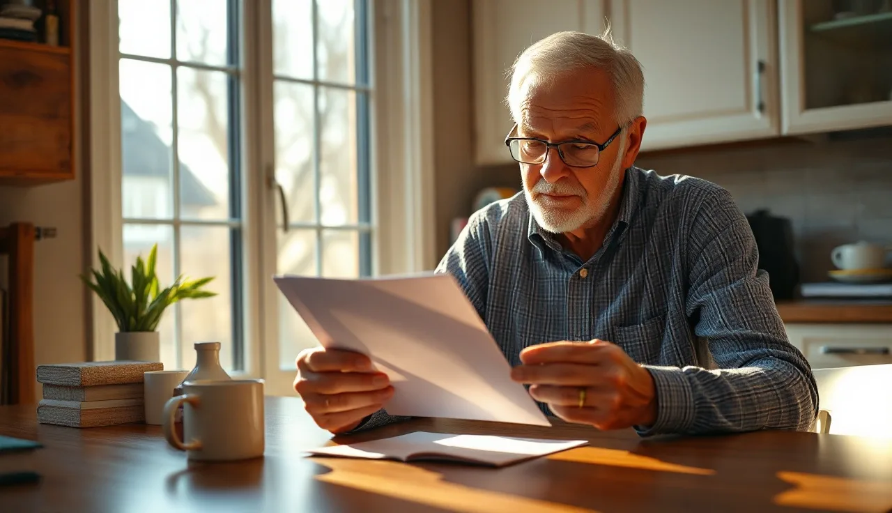 Older man reading official mail at kitchen table in morning light