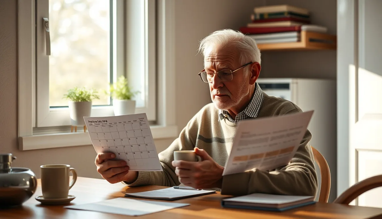 Man reviewing a payment calendar at kitchen table with morning light
