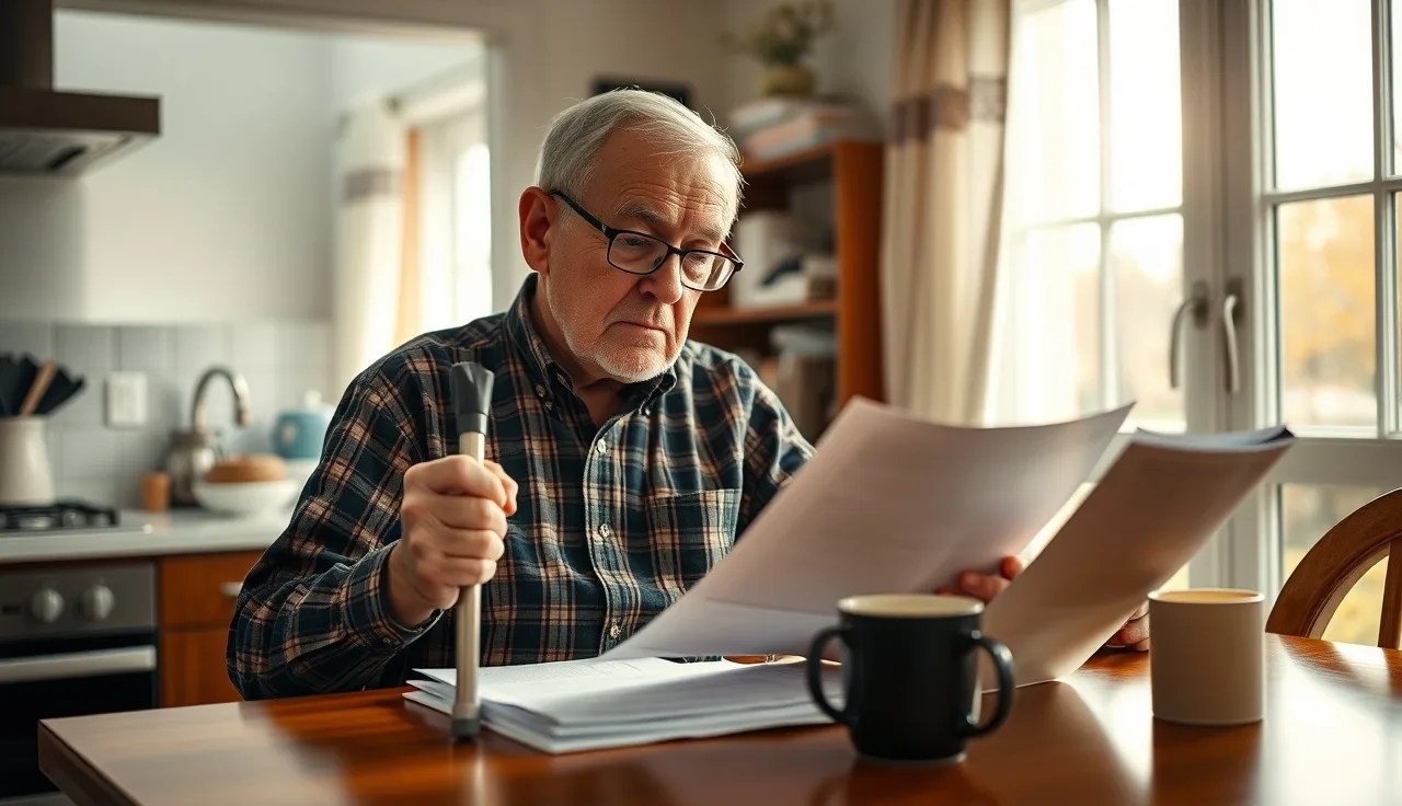 Man with cane reviewing disability paperwork at kitchen table in morning light