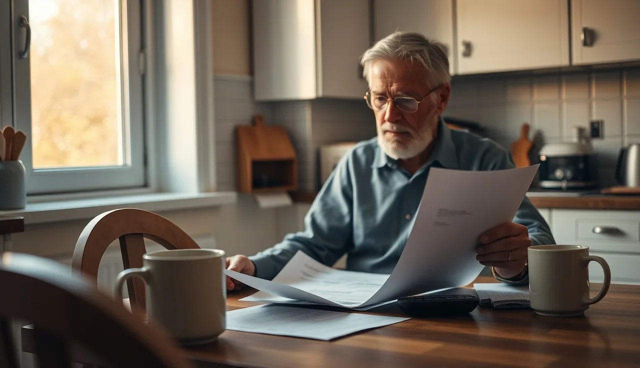 Person reviewing disability benefit paperwork with a calculator at a kitchen table