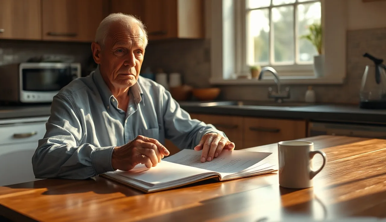 Man reviewing disability paperwork at a kitchen table in morning light