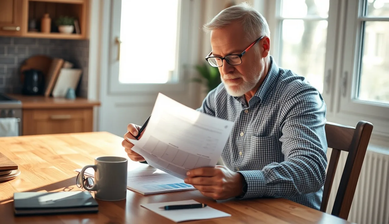 Man reviewing Social Security disability documents at kitchen table in morning light