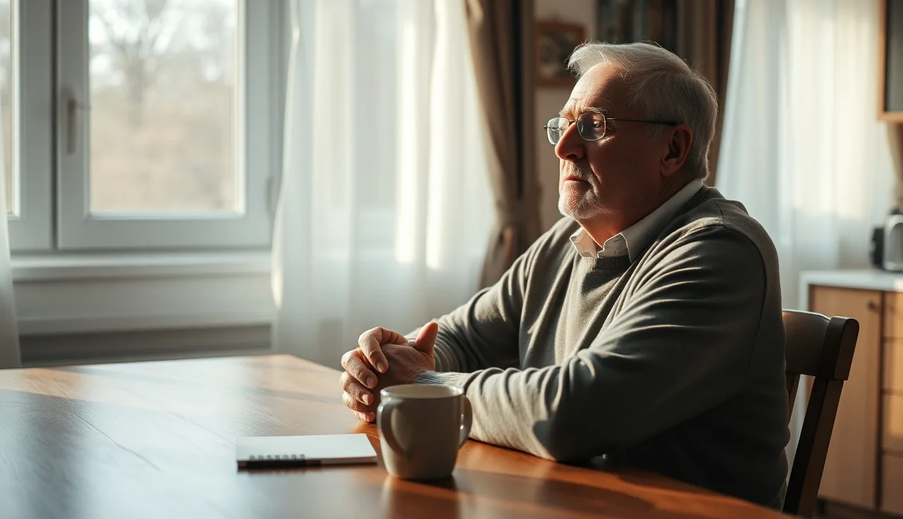Man at kitchen table in morning light preparing SSDI paperwork notes