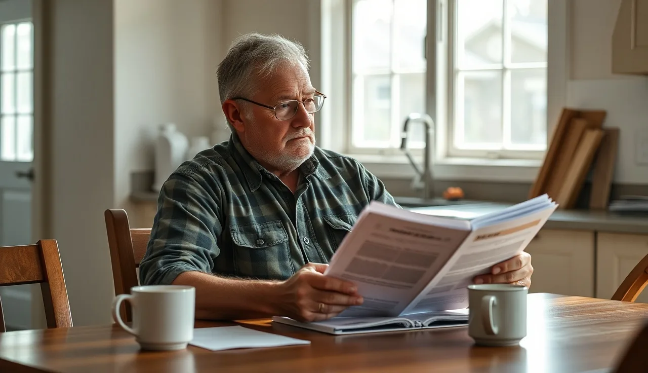 Veteran reviewing SSDI disability paperwork at home kitchen table in morning light