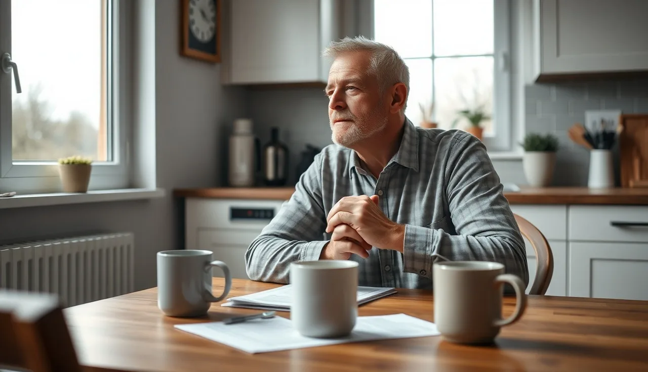 Man sitting at kitchen table with unfocused paperwork, applying for disability benefits