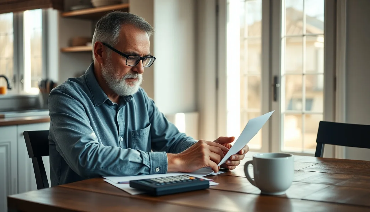 Man reviewing disability benefit paperwork and calculator at kitchen table