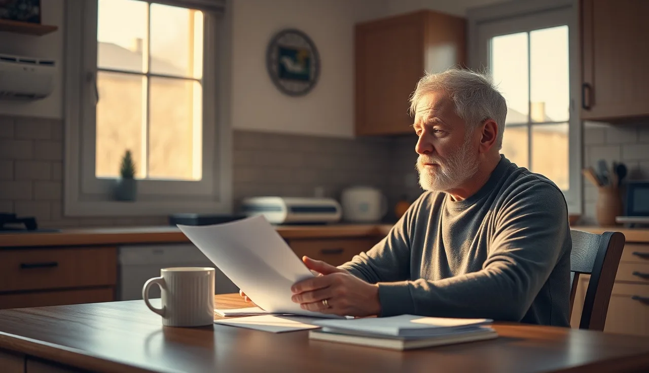 Man reviewing financial paperwork at kitchen table while applying for SSDI disability benefits