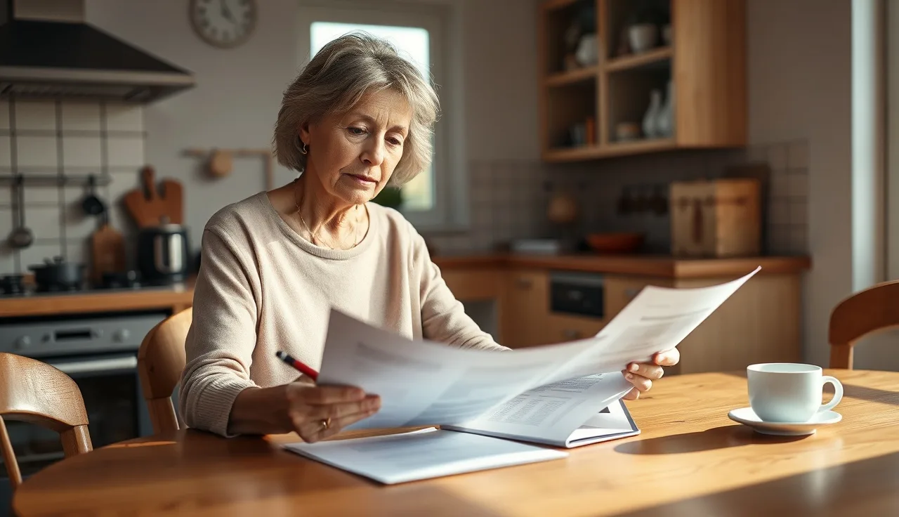Woman reviewing SSDI income documents at a kitchen table in afternoon light