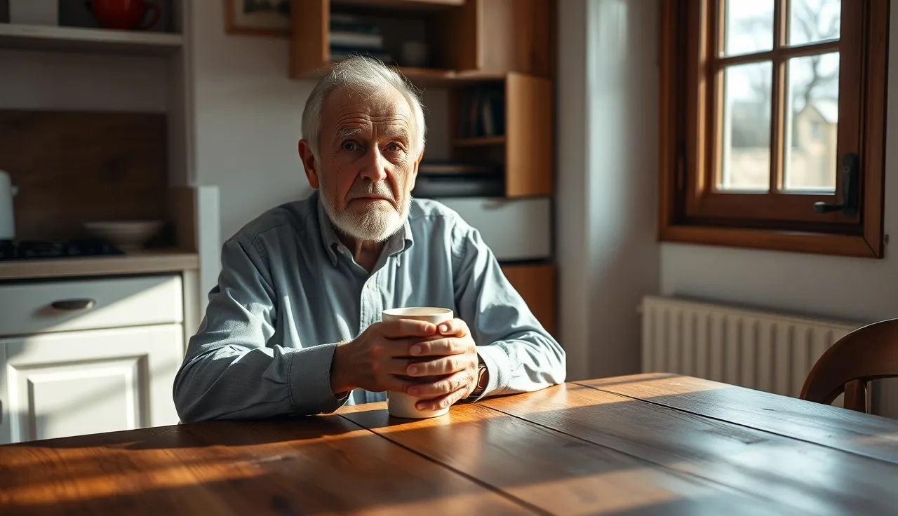Older man sitting at kitchen table in morning light, representing SSDI recipients awaiting July payments