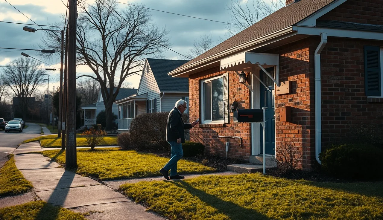 Older man checking mailbox outside brick house on quiet residential street