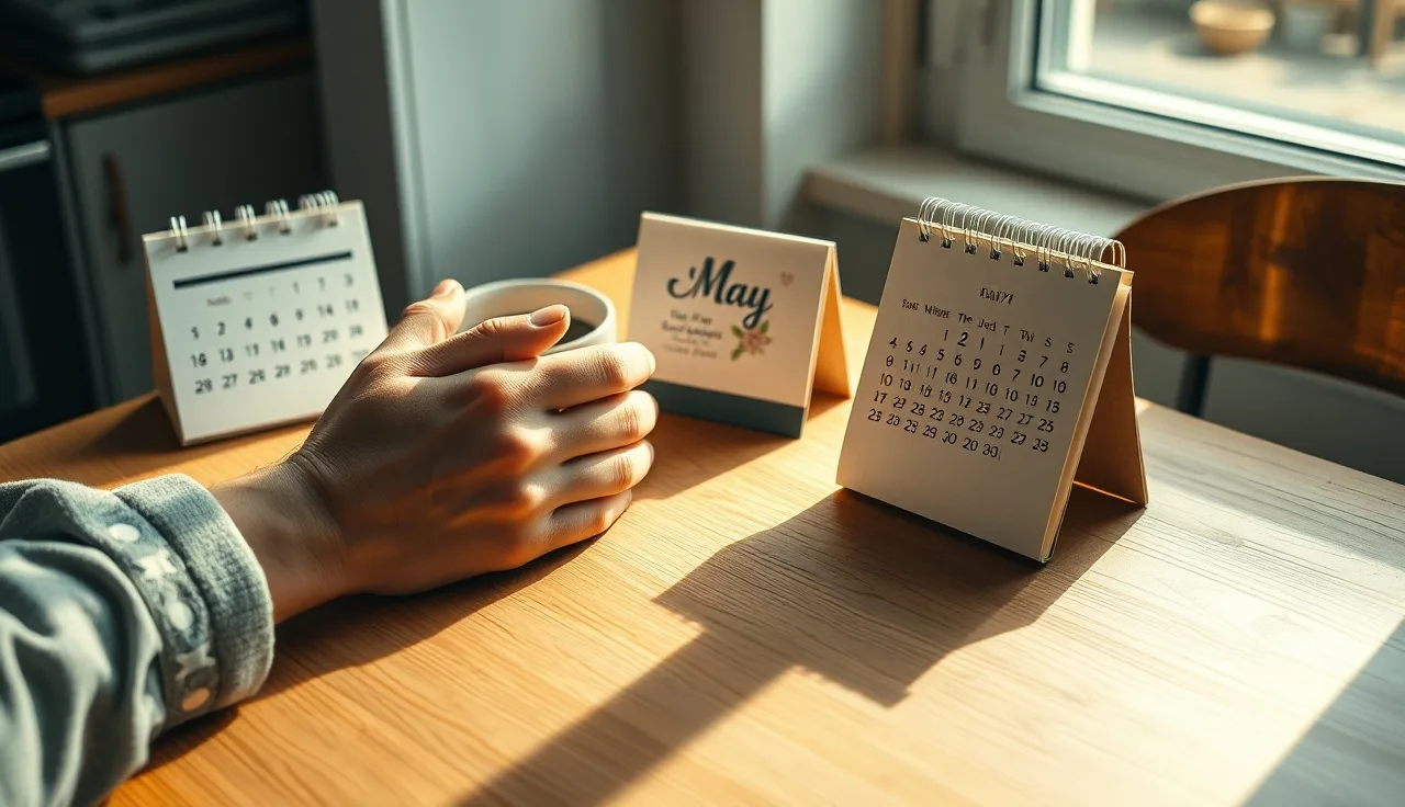 Hands resting near an open May calendar on a kitchen table