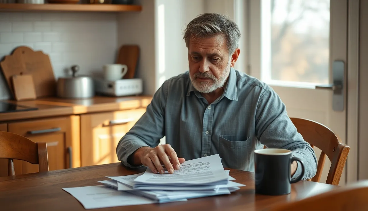 Man with leg brace reviewing disability paperwork at a kitchen table
