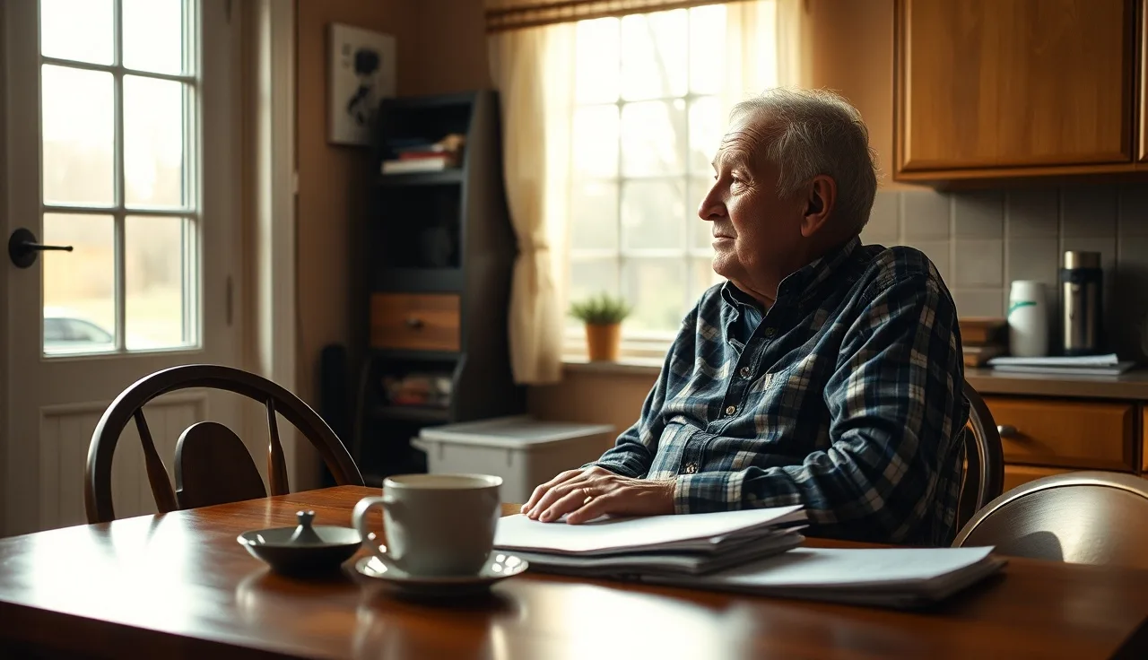 Older man with cane at kitchen table reviewing disability paperwork in morning light